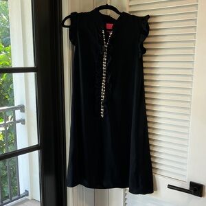 Lilly Pulitzer Adele Shift Black Dress with Ruffle and Pearl Details.